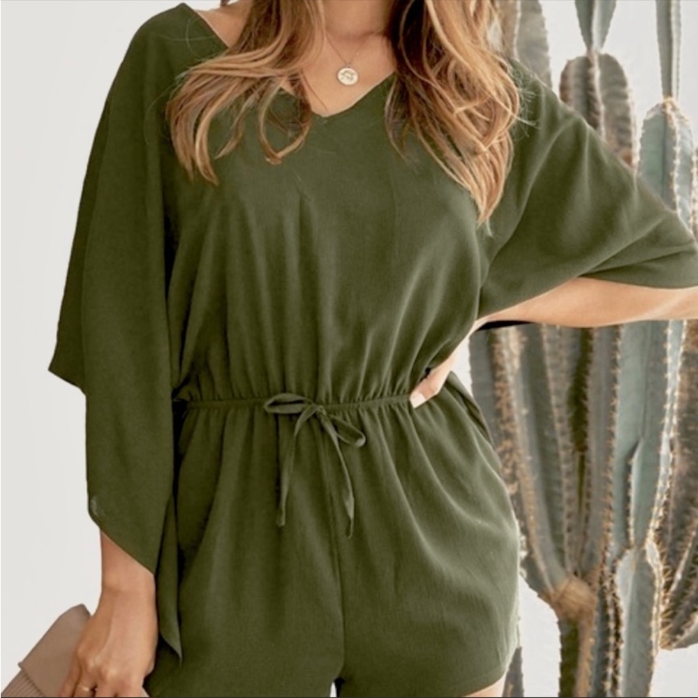 NEW! CHARLOTTE RUSSE Romper Angel Arm Elasticated Waist Back Tie Olive Large